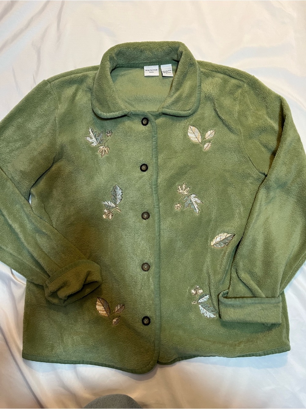 Vintage Whitefish Bay Fall Theme Fleece Jacket Women’s Medium Green Leaves